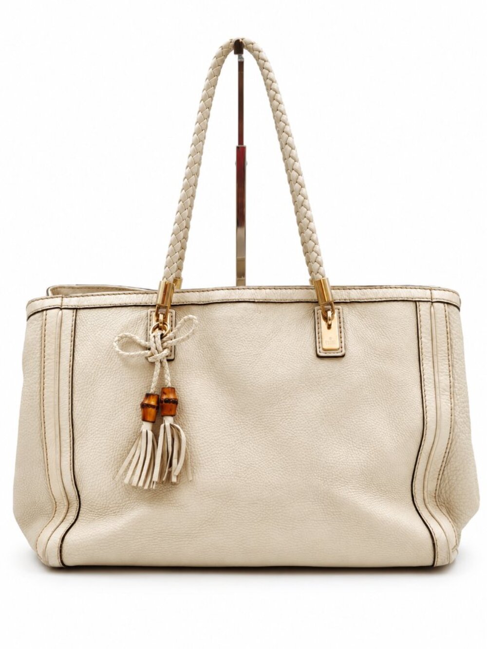 Gucci Large Ivory Leather Tote Bag Bamboo Tassel Braided Handle